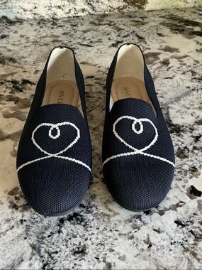 Serra Navy Stretch Knit Slip-On Loafers with White Heart Stitching
